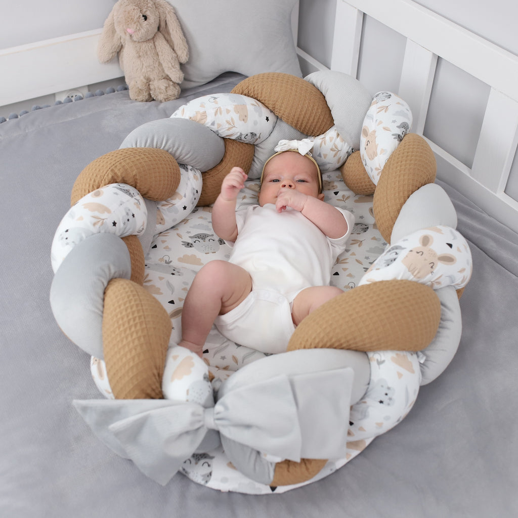 Babynest Neugeborene Nestchen Baby – Velvet Kuschelnest mit Zopf Kissen zerlegbares Set zweiseitig Babynestchen Babybett 75X45, Eulen - Totsy Baby