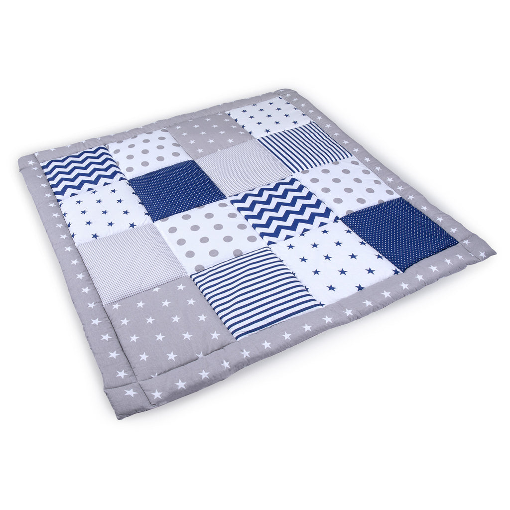 Baby Krabbeldecke Velvet spieldecke 100x100 cm - PATCHWORK Laufgittereinlage Blau-Grau - Totsy Baby