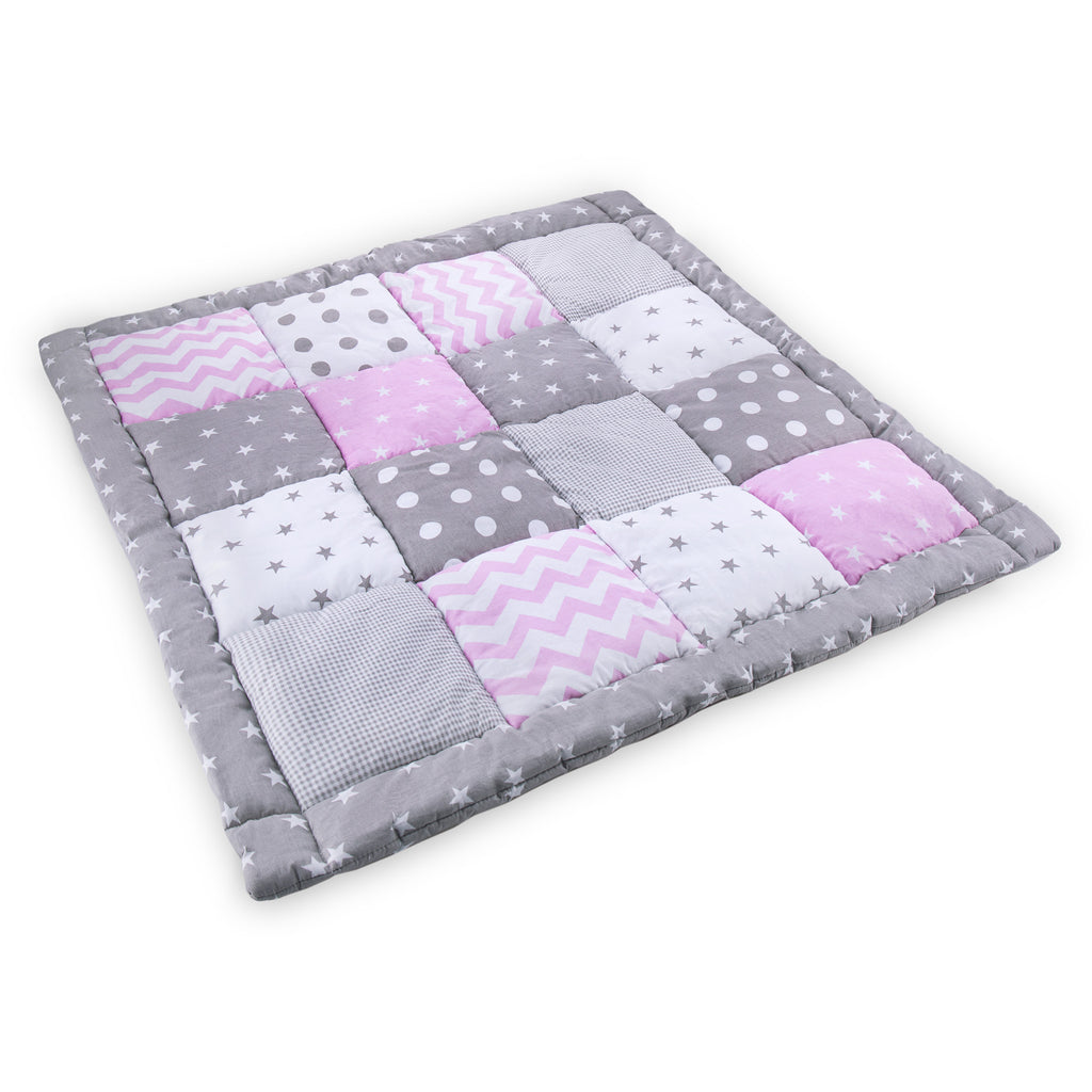 Baby Krabbeldecke Velvet spieldecke 120x120 cm - PATCHWORK Laufgittereinlage Rosa-Grau - Totsy Baby