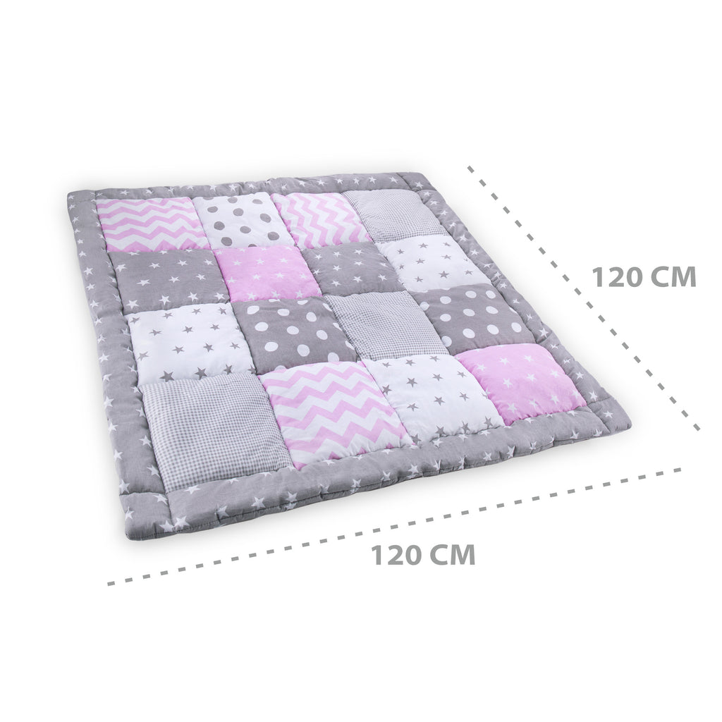 Baby Krabbeldecke Velvet spieldecke 120x120 cm - PATCHWORK Laufgittereinlage Rosa-Grau - Totsy Baby