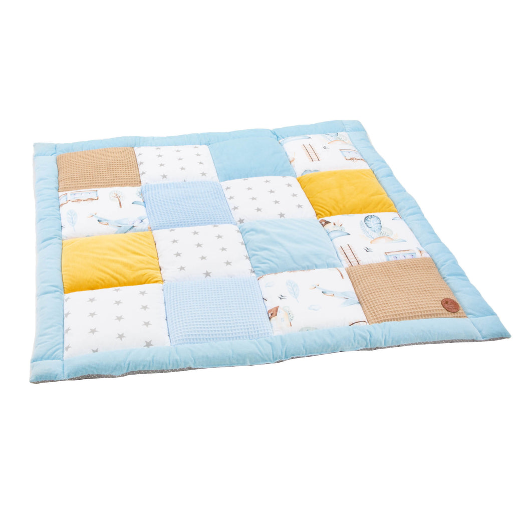 Baby Krabbeldecke Velvet spieldecke 100x100 cm - PATCHWORK Laufgittereinlage Zugmotiv Baumwolle mit Velvet und Waffelpique - Totsy Baby