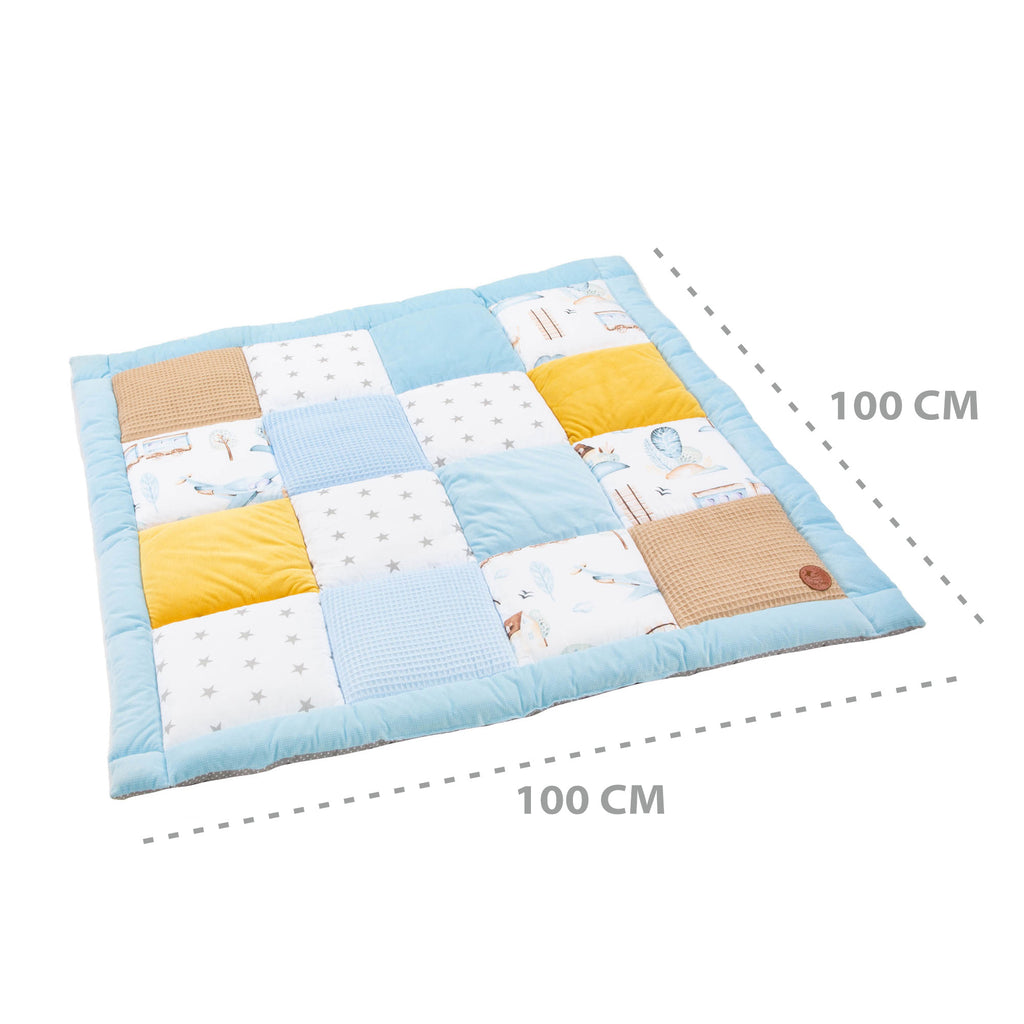 Baby Krabbeldecke Velvet spieldecke 100x100 cm - PATCHWORK Laufgittereinlage Zugmotiv Baumwolle mit Velvet und Waffelpique - Totsy Baby