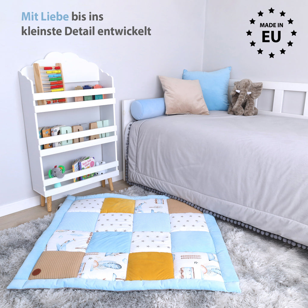 Baby Krabbeldecke Velvet spieldecke 100x100 cm - PATCHWORK Laufgittereinlage Zugmotiv Baumwolle mit Velvet und Waffelpique - Totsy Baby