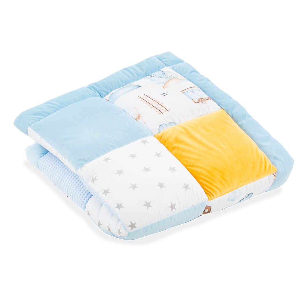 Baby Krabbeldecke Velvet spieldecke 120x120 cm - PATCHWORK Laufgittereinlage Zugmotiv Baumwolle mit Velvet und Waffelpique - Totsy Baby