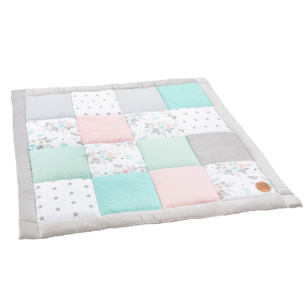 Baby Krabbeldecke Velvet spieldecke 120x120 cm - PATCHWORK Laufgittereinlage Schmetterling Baumwolle mit Velvet und Waffelpique - Totsy Baby