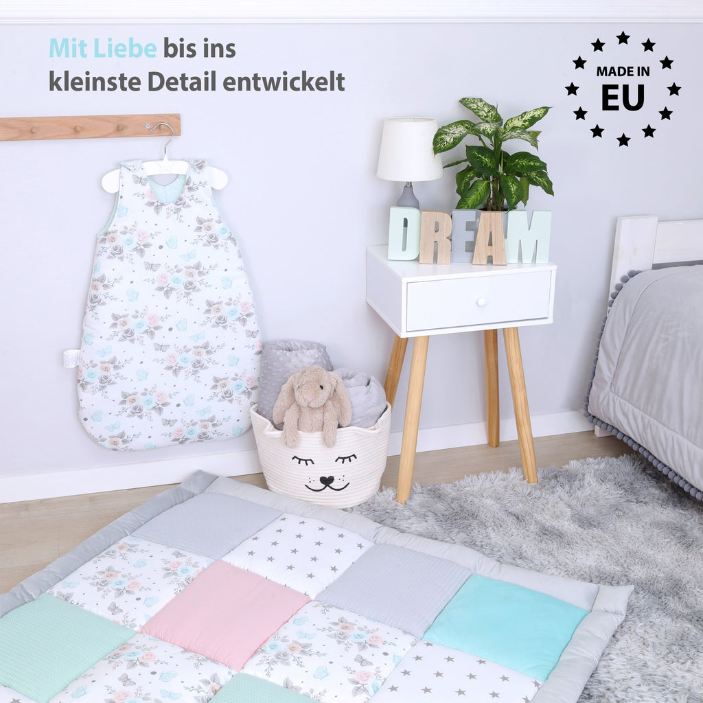 Baby Krabbeldecke Velvet spieldecke 120x120 cm - PATCHWORK Laufgittereinlage Schmetterling Baumwolle mit Velvet und Waffelpique - Totsy Baby