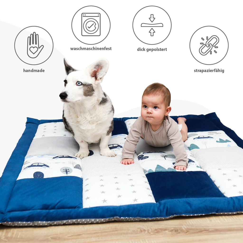 Baby Krabbeldecke Velvet spieldecke 120x120 cm - PATCHWORK Laufgittereinlage Automotiv Baumwolle mit Velvet und Waffelpique - Totsy Baby