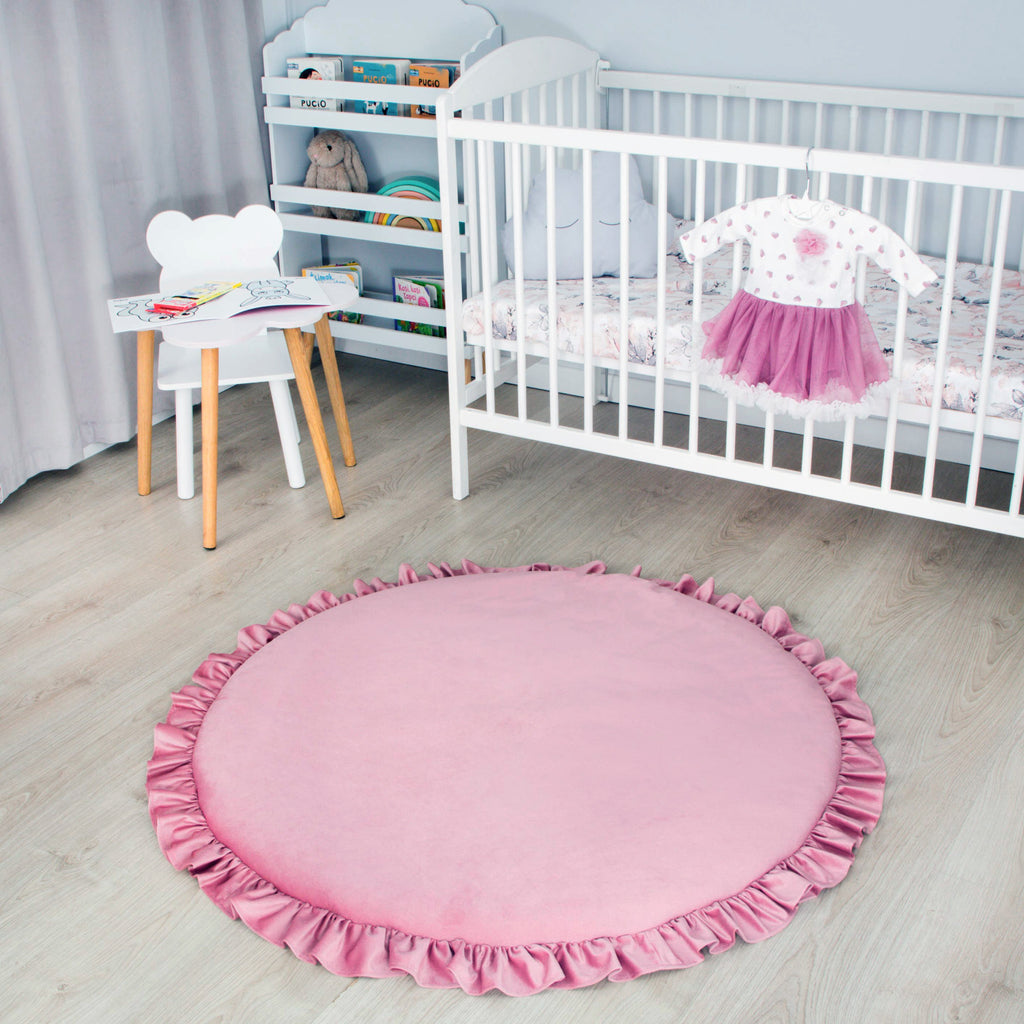 Spieldecke baby Bodenkissen mit Rüschen - Kinder Krabbeldecke rund mit Volant 100 cm Kuschelecke Kinderzimmer Boden Kissen Velvet Schmutziges Rosa - Totsy Baby