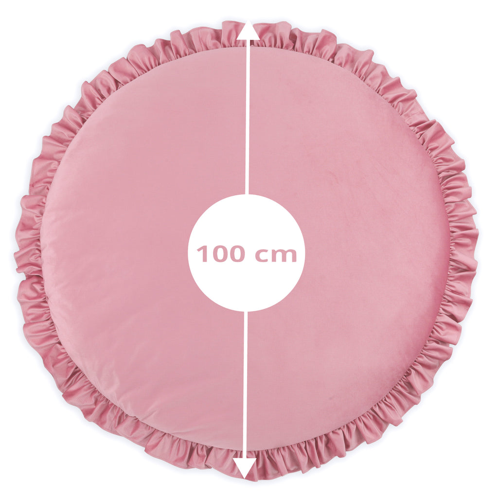 Spieldecke baby Bodenkissen mit Rüschen - Kinder Krabbeldecke rund mit Volant 100 cm Kuschelecke Kinderzimmer Boden Kissen Velvet Schmutziges Rosa - Totsy Baby