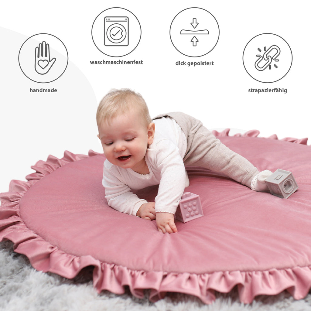 Spieldecke baby Bodenkissen mit Rüschen - Kinder Krabbeldecke rund mit Volant 100 cm Kuschelecke Kinderzimmer Boden Kissen Velvet Schmutziges Rosa - Totsy Baby