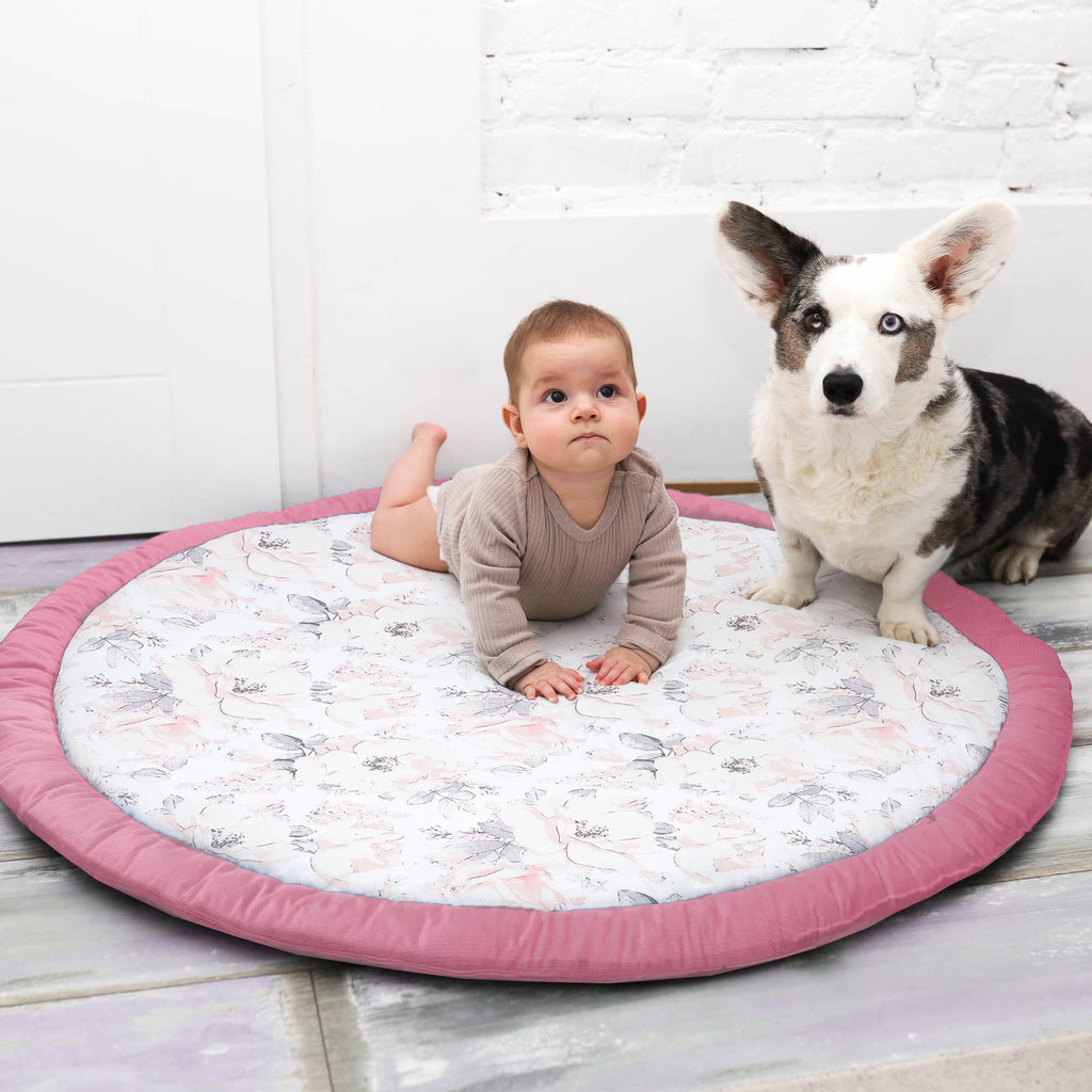 Bodenkissen Kinder 100cm - Runde, Gepolsterte Krabbeldecke/Bodenmatratze für Baby, Rose - Totsy Baby