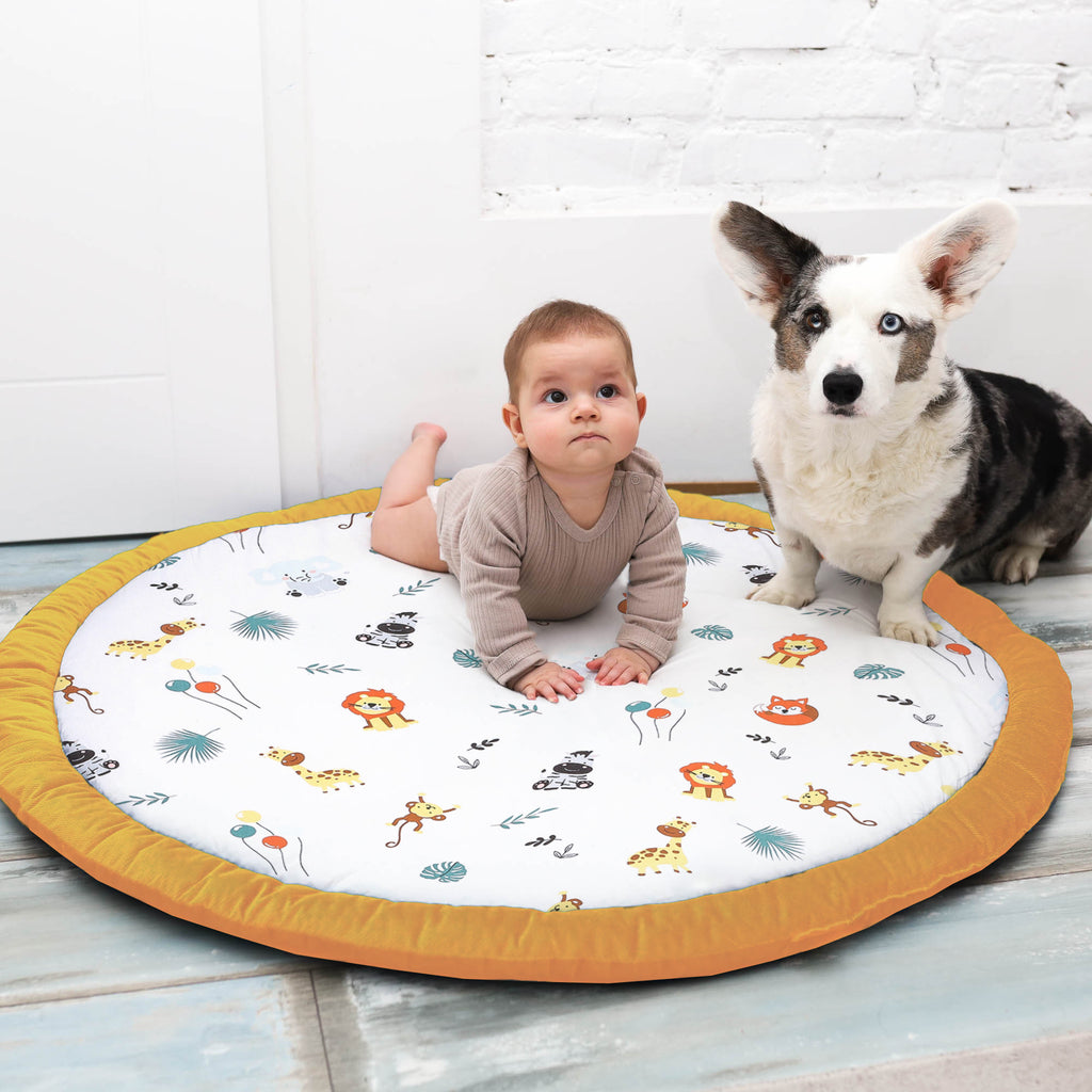 Bodenkissen Kinder 100 cm - Matratze Rund, Krabbeldecke Gepolstert Safari für Kinderzimmer - Totsy Baby