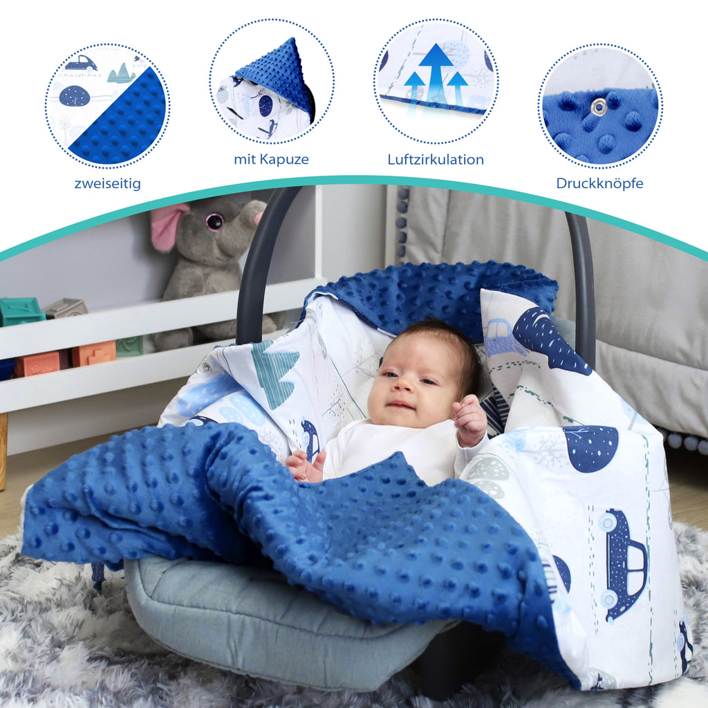 Einschlagdecke Babyschale Decke Kinderwagen 90x90cm - universal baby Babydecke für Buggy Autositz Minky Baumwolle Blau - Totsy Baby