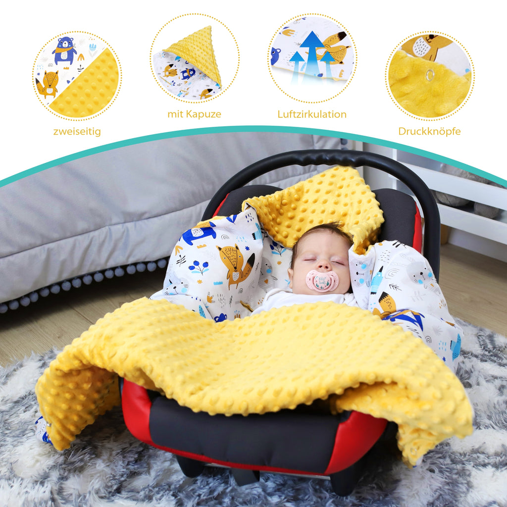 Einschlagdecke Babyschale Decke Kinderwagen 90x90cm - universal baby Babydecke für Buggy Autositz Minky Baumwolle Gelb - Totsy Baby