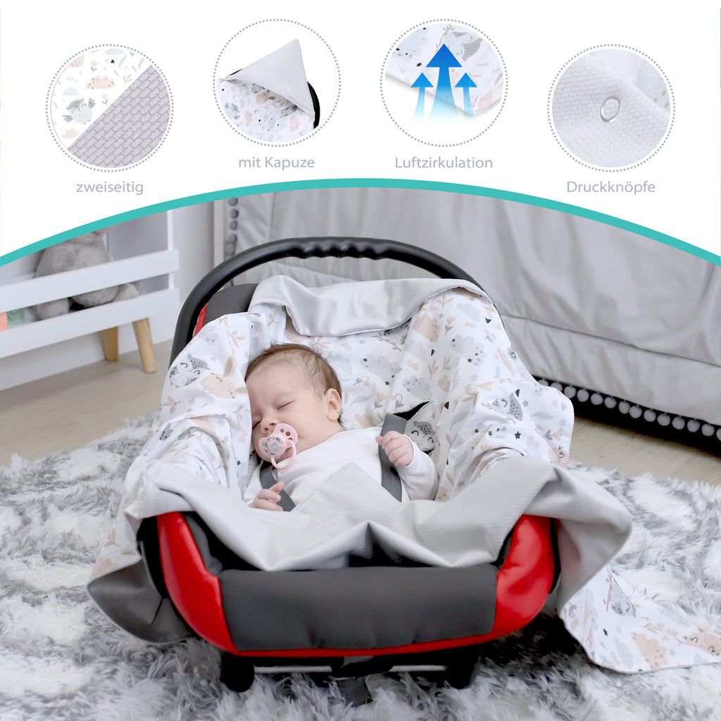 Einschlagdecke Babyschale - 90 cm x 90 cm Velvet - universal Frühling Sommer Baby Babydecke für Buggy Autositz Baumwolle Hellgrau mit Tiere - Totsy Baby