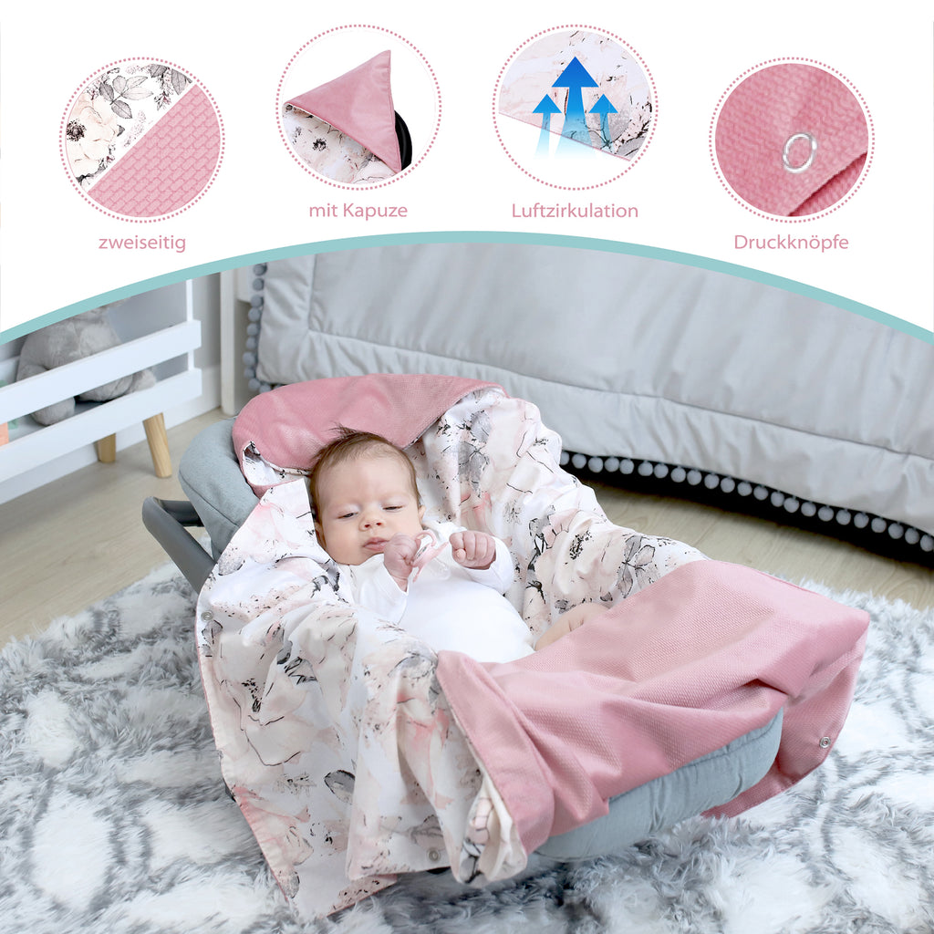 Einschlagdecke Babyschale - 90 cm x 90 cm Velvet - universal Frühling Sommer Baby Babydecke für Buggy Autositz Baumwolle Puderrose mit Rose - Totsy Baby