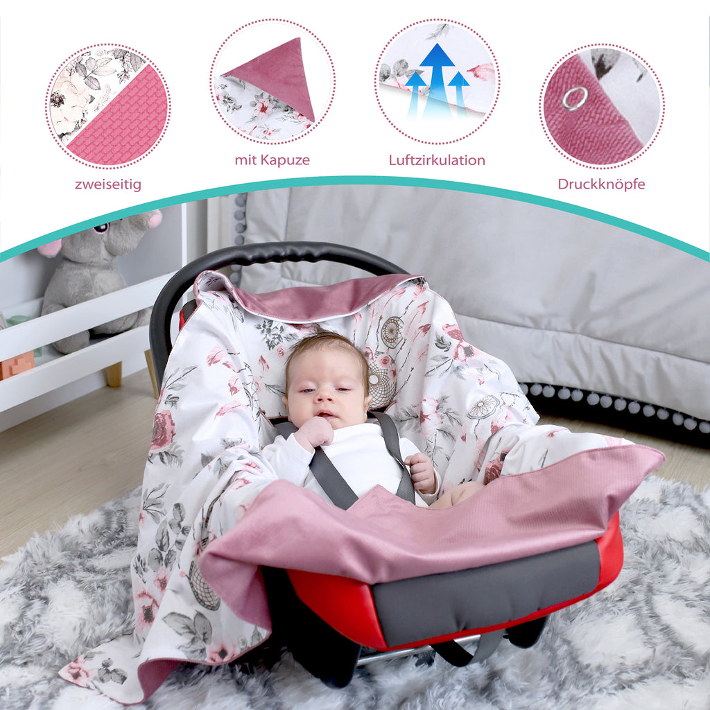 Einschlagdecke Babyschale - 90 cm x 90 cm Velvet - universal Frühling Sommer Baby Babydecke für Buggy Autositz Baumwolle Rose mit Traumfänger - Totsy Baby