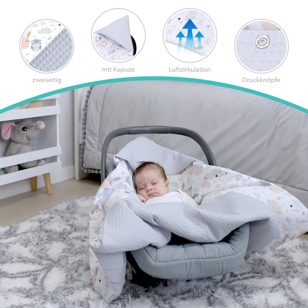 Baby Einschlagdecke Babyschale Sommer - Decke Kinderwagen 90x90cm universal Babydecke für Buggy Autositz Grau - Totsy Baby