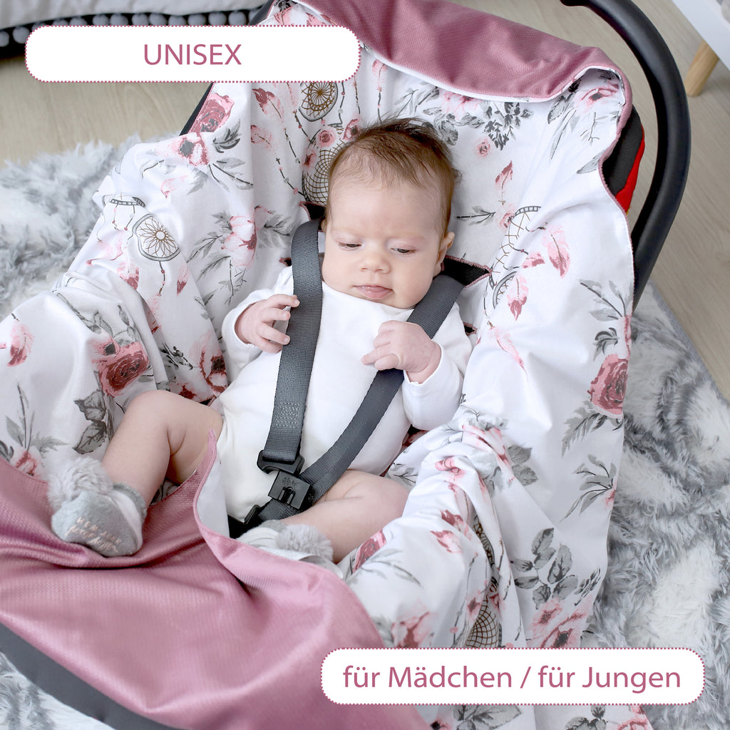 Einschlagdecke Babyschale - 90 cm x 90 cm Velvet - universal Herbst Winter Baby Babydecke für Buggy Autositz Baumwolle Rose mit Traumfänger - Totsy Baby