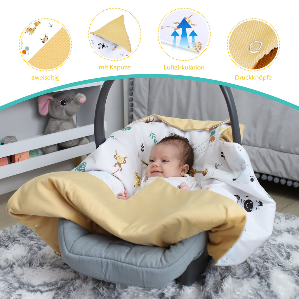 Einschlagdecke Babyschale - 90 cm x 90 cm Velvet - universal Herbst Winter Baby Babydecke für Buggy Autositz Baumwolle Toffee mit Safari Motiv - Totsy Baby