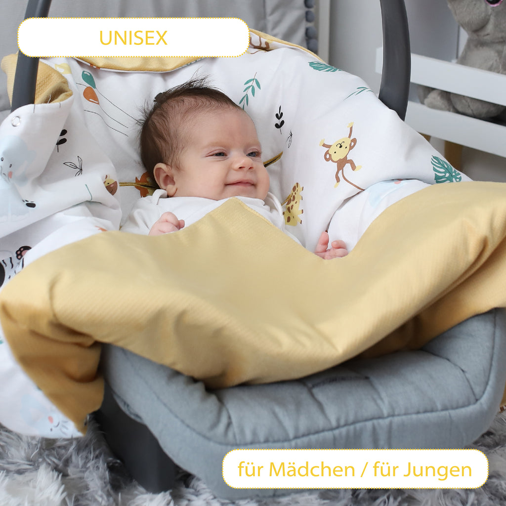 Einschlagdecke Babyschale - 90 cm x 90 cm Velvet - universal Herbst Winter Baby Babydecke für Buggy Autositz Baumwolle Toffee mit Safari Motiv - Totsy Baby