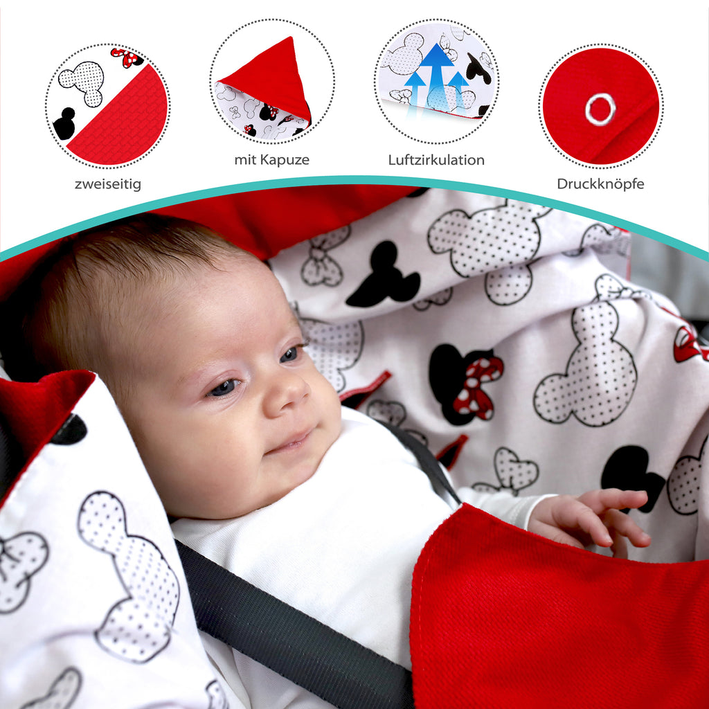 Einschlagdecke Babyschale - 90 cm x 90 cm Velvet - universal Herbst Winter Baby Babydecke für Buggy Autositz Baumwolle Rot mit Maus Motiv - Totsy Baby