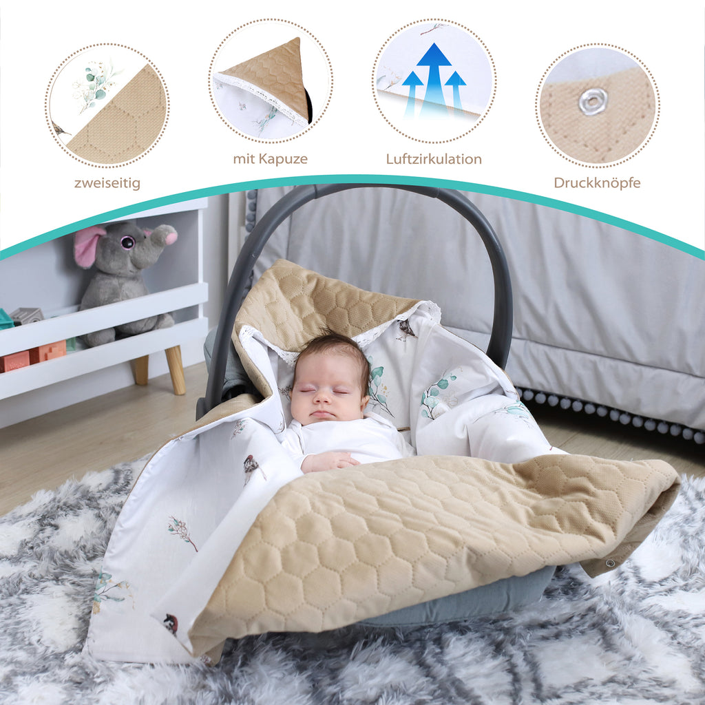 Einschlagdecke Babyschale - 90 cm x 90 cm Velvet - universal Herbst Winter Baby Babydecke für Buggy Autositz Baumwolle Beige gesteppt mit Spatzen - Totsy Baby