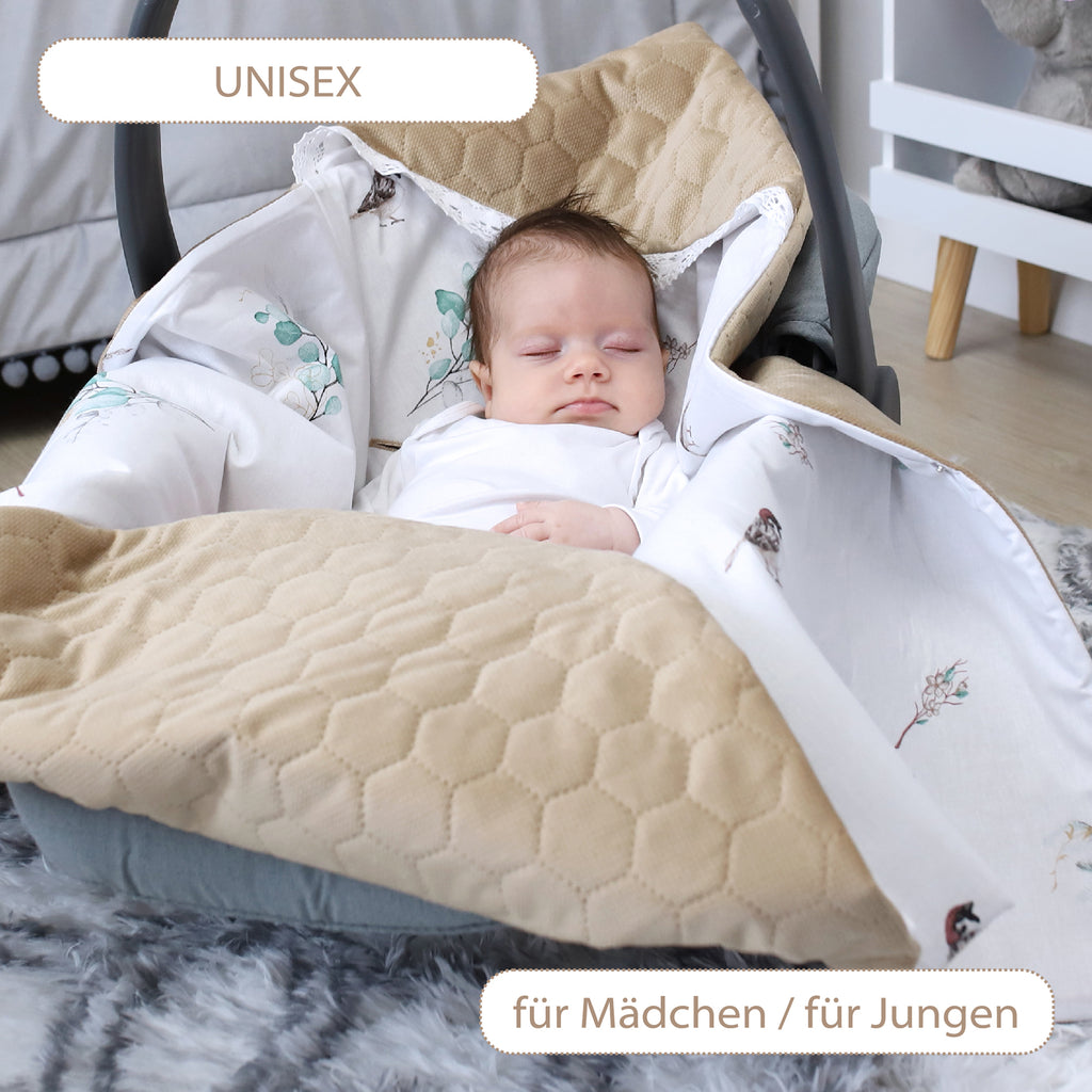 Einschlagdecke Babyschale - 90 cm x 90 cm Velvet - universal Herbst Winter Baby Babydecke für Buggy Autositz Baumwolle Beige gesteppt mit Spatzen - Totsy Baby