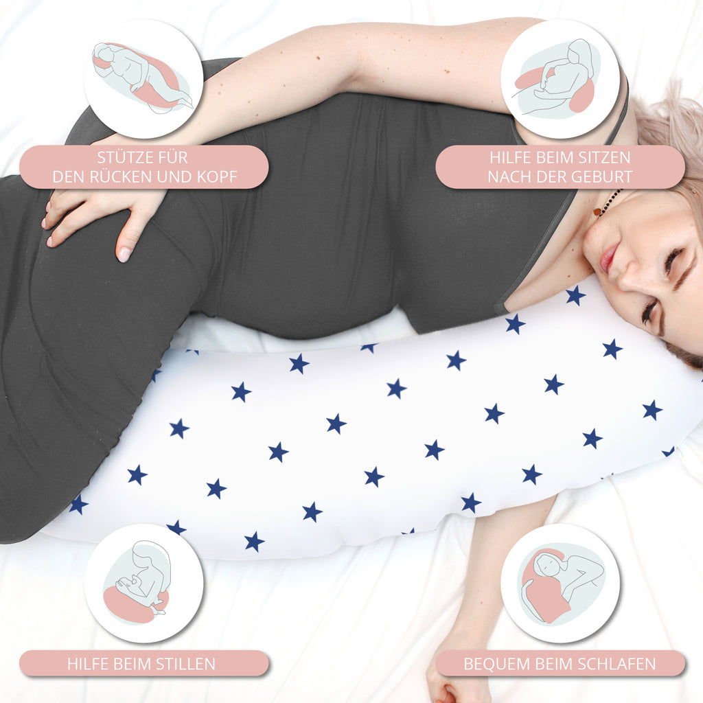 Stillkissen Schwangerschaftskissen zum Schlafen Seitenschläferkissen 165 x 70 cm Kissen - Lagerungskissen für Baby XXL Pregnancy Pillow Weiß mit Dunkelblau Sternen - Totsy Baby