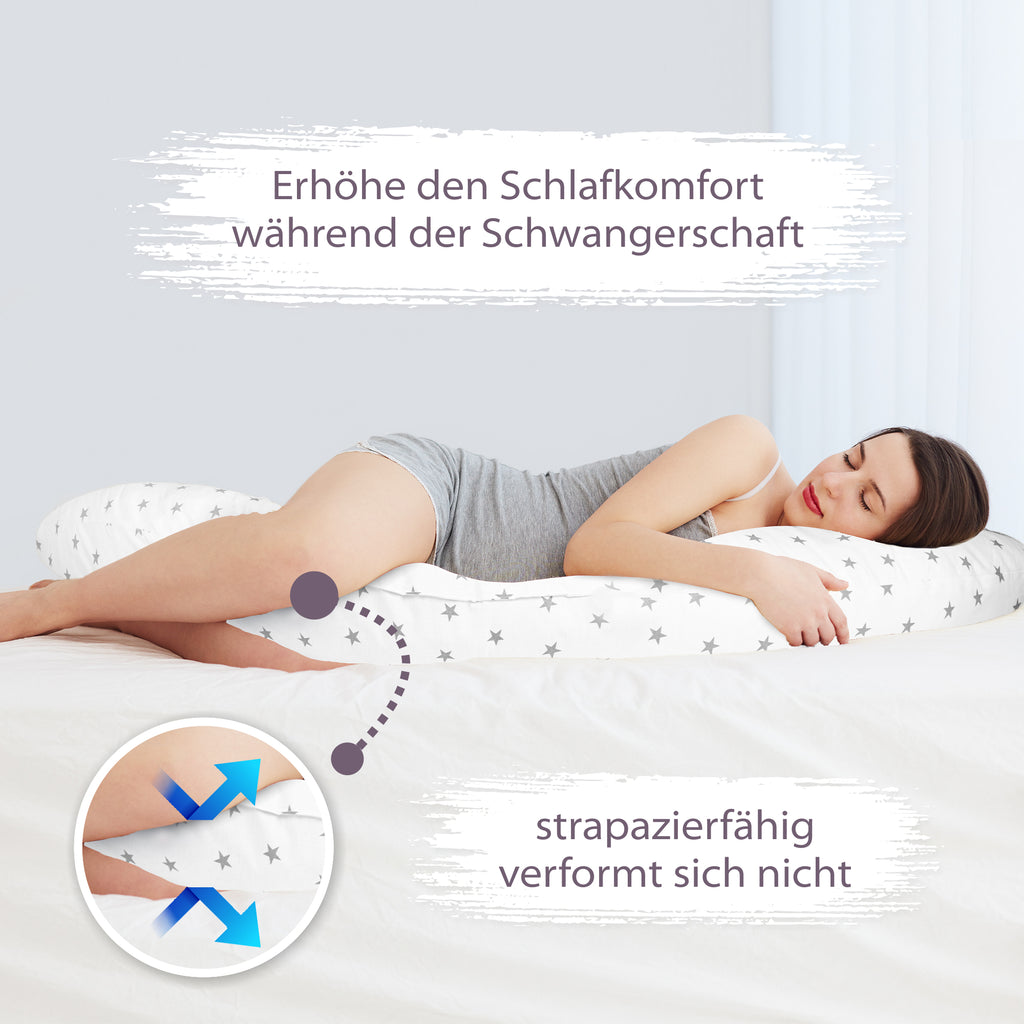 Stillkissen Schwangerschaftskissen zum Schlafen Seitenschläferkissen 165 x 70 cm Kissen - Lagerungskissen für Baby XXL Pregnancy Pillow Weiß mit Grauen Sternen - Totsy Baby