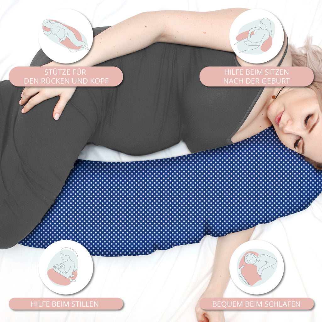 Stillkissen Schwangerschaftskissen zum Schlafen Seitenschläferkissen 165 x 70 cm Kissen - Lagerungskissen für Baby XXL Pregnancy Pillow Dunkelblau mit Weißen Tupfen - Totsy Baby