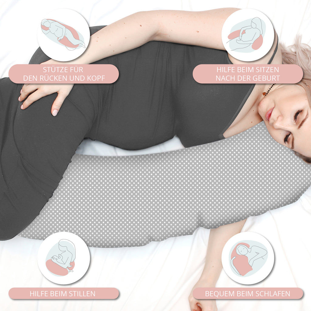 Stillkissen Schwangerschaftskissen zum Schlafen Seitenschläferkissen 165 x 70 cm Kissen - Lagerungskissen für Baby XXL Pregnancy Pillow Grau mit Weißen, Kleinen Tupfen - Totsy Baby