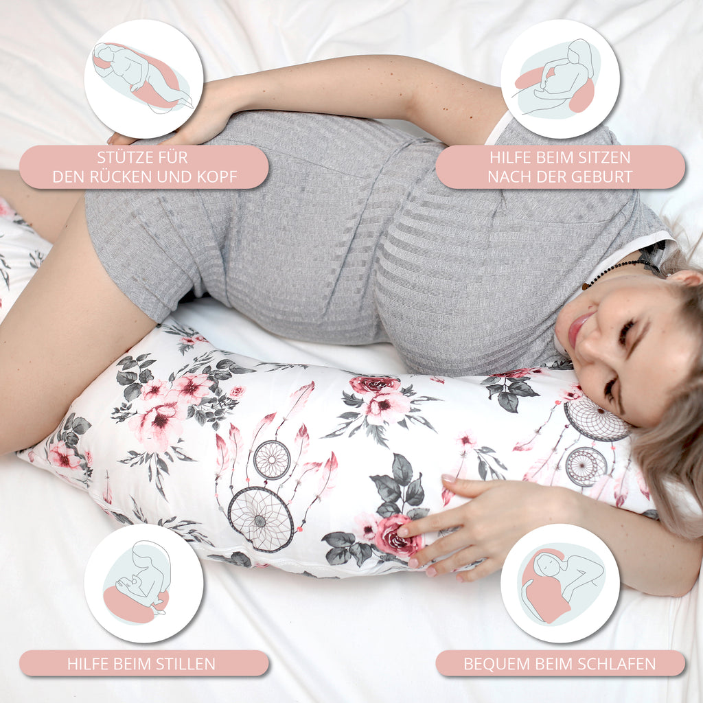 Stillkissen Schwangerschaftskissen zum Schlafen Seitenschläferkissen 165 x 70 cm Kissen - Lagerungskissen für Baby XXL Pregnancy Pillow Weiß mit Traumfänger - Totsy Baby